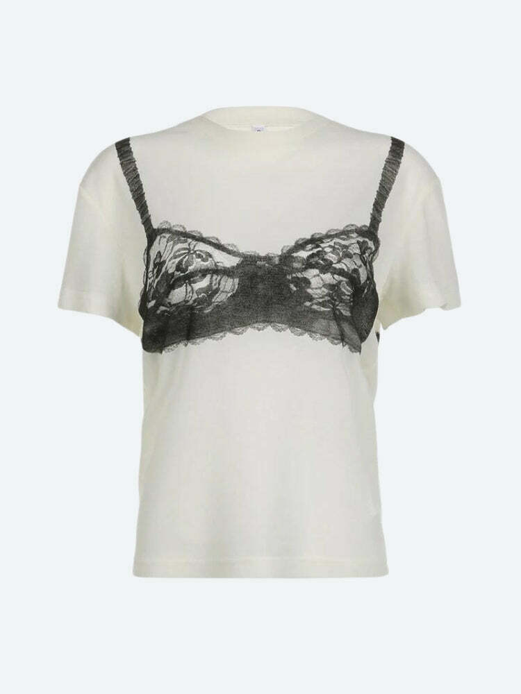 Y2K Lace Bra Tee: Trendy Summer Outfit for Grunge Aesthetic & 90s Fashion Lovers