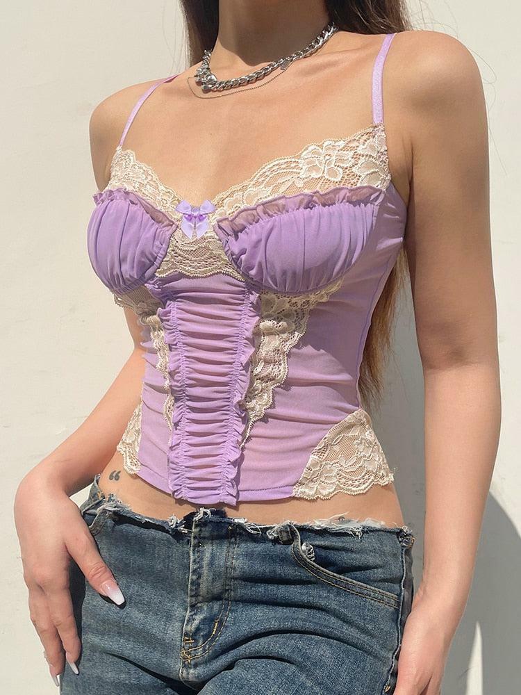 Y2K Lace Strap Crop Top - Trendy Summer Outfit for Grunge, Coquette, and 90s Aesthetic