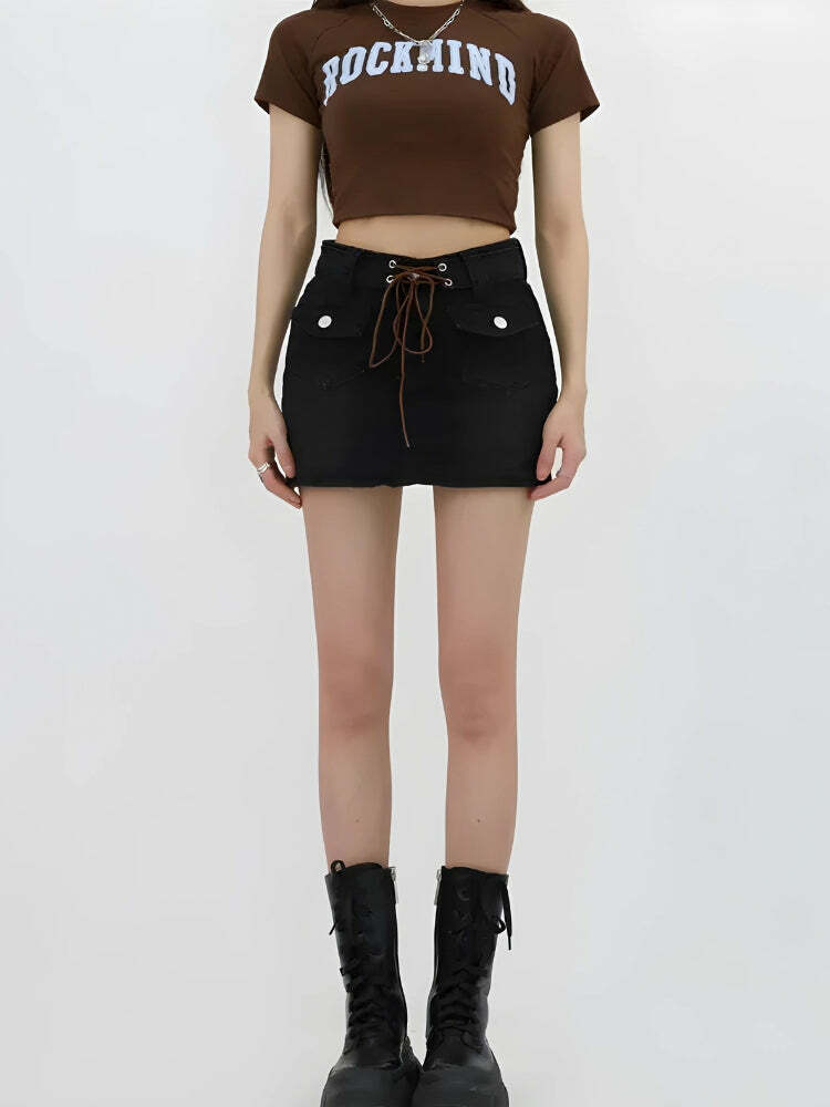 Y2K Lace-Up Belted Denim Mini Skort - Trendy Summer Outfit for Grunge & Coquette Aesthetic