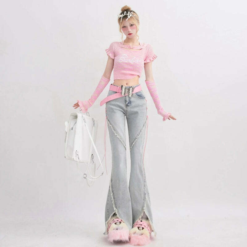 Y2K Lace-Up Slit Flare Jeans - Grunge Aesthetic Summer Outfit, 90s Fashion Vibes