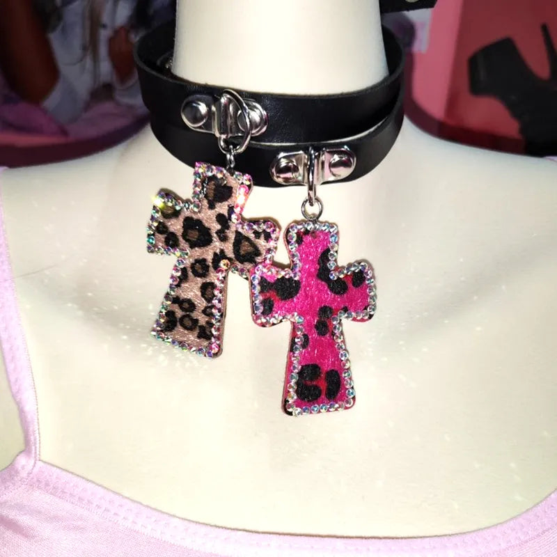 Y2K Leopard Cross Choker Necklace - Trendy Grunge Aesthetic Jewelry for 2000s Fashion Lovers