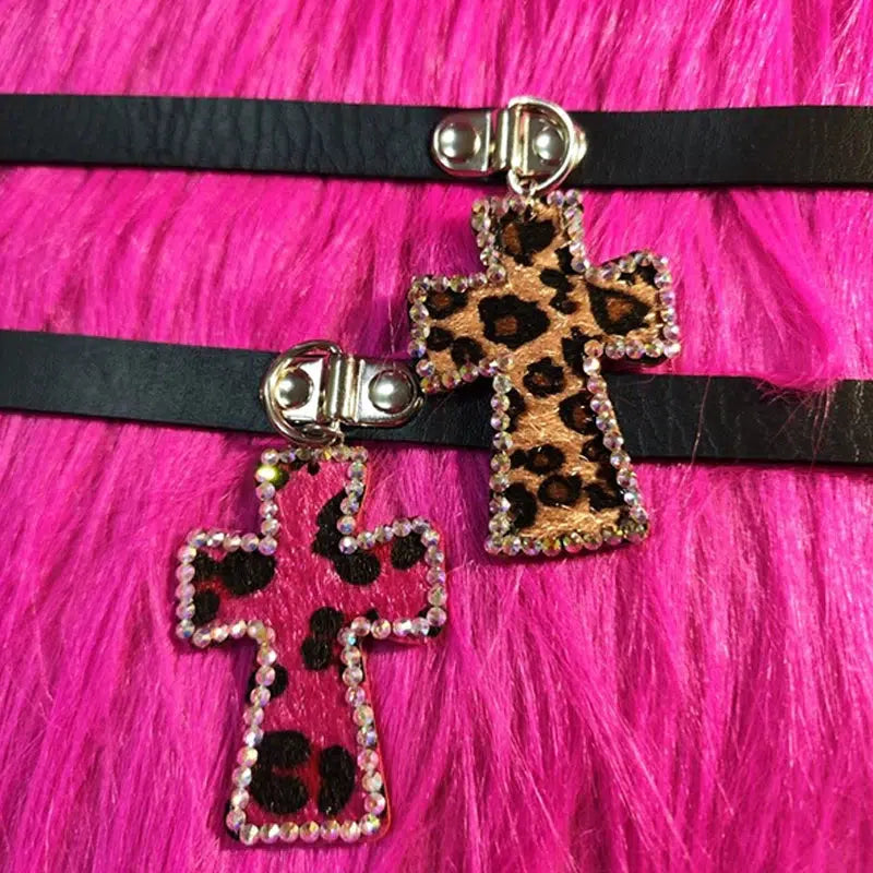 Y2K Leopard Cross Choker Necklace - Trendy Grunge Aesthetic Jewelry for 2000s Fashion Lovers