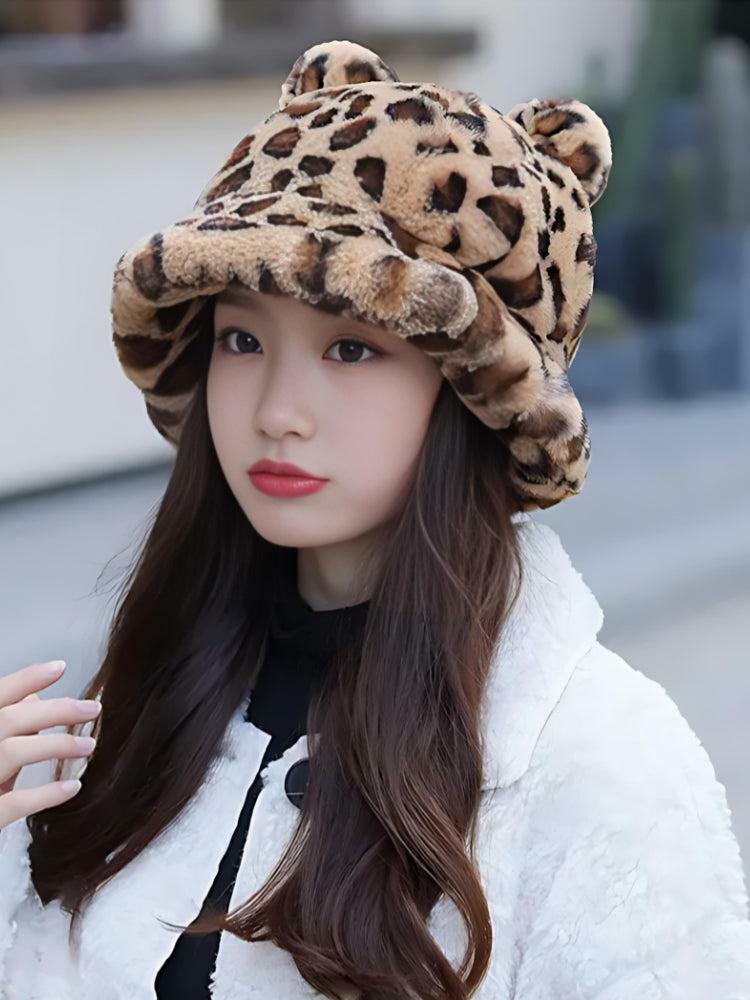 Y2K Leopard Ear Plush Hat - Cute Grunge Aesthetic Accessory for 2000s Fashion Lovers