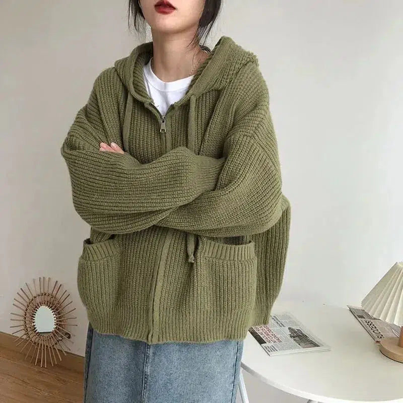 Y2K Oversized Knitted Hooded Cardigan - Grunge Aesthetic Layering for 2000s Fashion Lovers