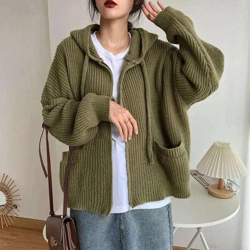 Y2K Oversized Knitted Hooded Cardigan - Grunge Aesthetic Layering for 2000s Fashion Lovers