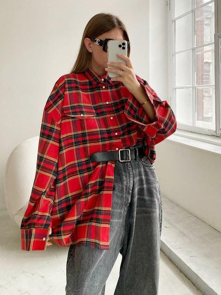 Y2K Oversized Plaid Shirt - Grunge Aesthetic, 90s Fashion, Perfect for Summer Outfits