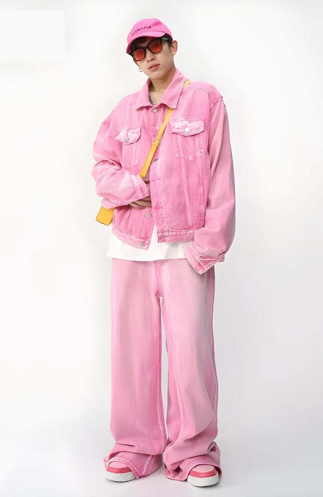 Y2K Pink Denim Jacket & Baggy Pants Set - Trendy 90s Fashion for Summer Outfits