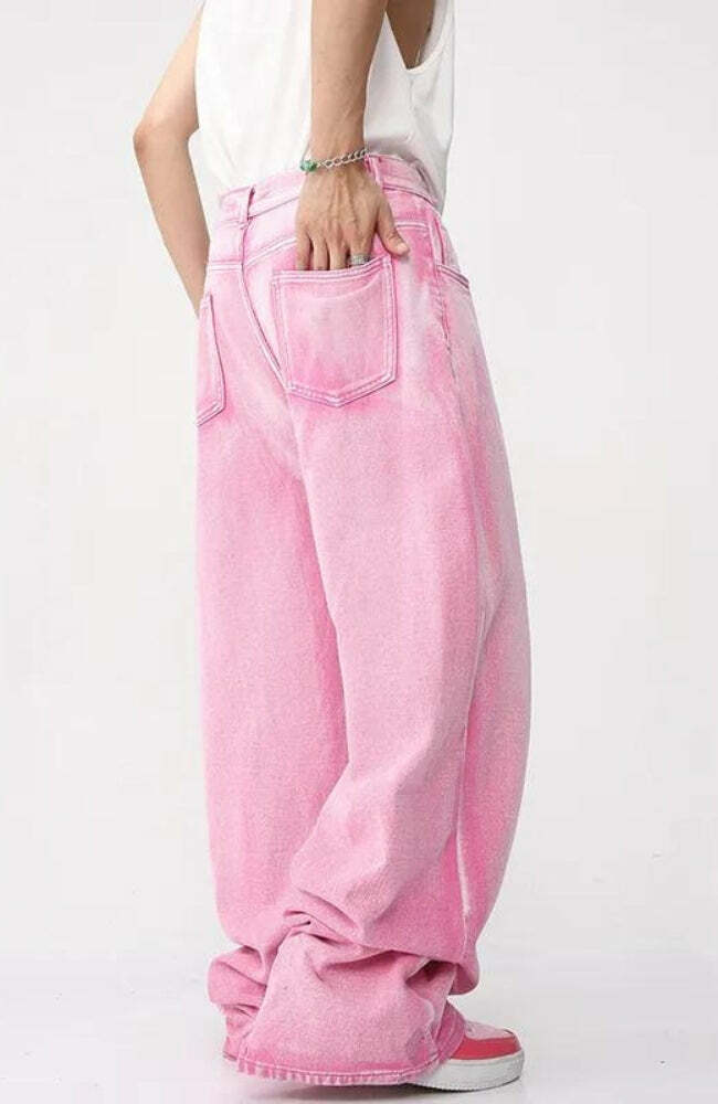 Y2K Pink Denim Jacket & Baggy Pants Set - Trendy 90s Fashion for Summer Outfits