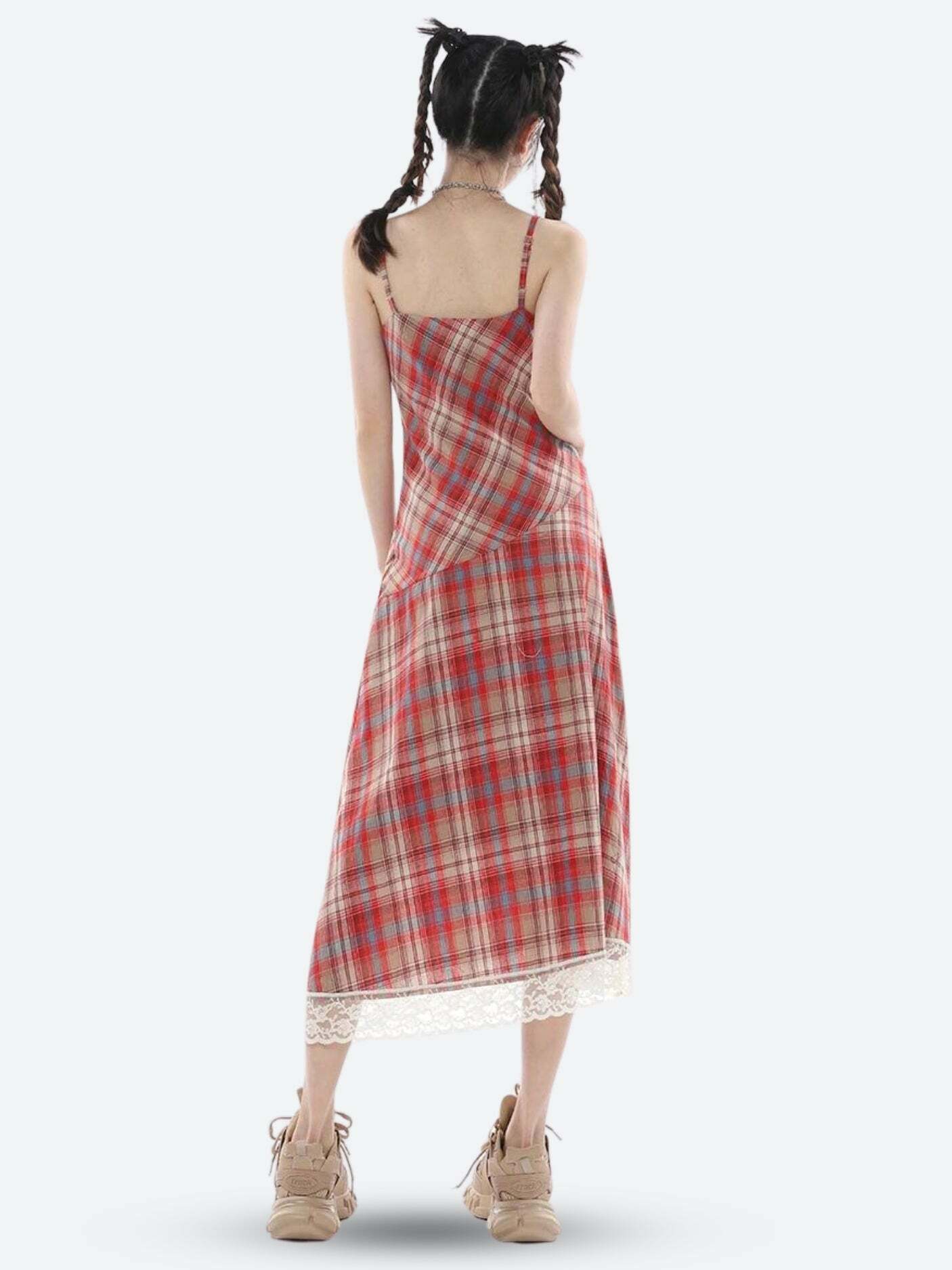 Y2K Plaid Lace Midi Dress - Vintage 90s Grunge Aesthetic for Summer Outfits & Events