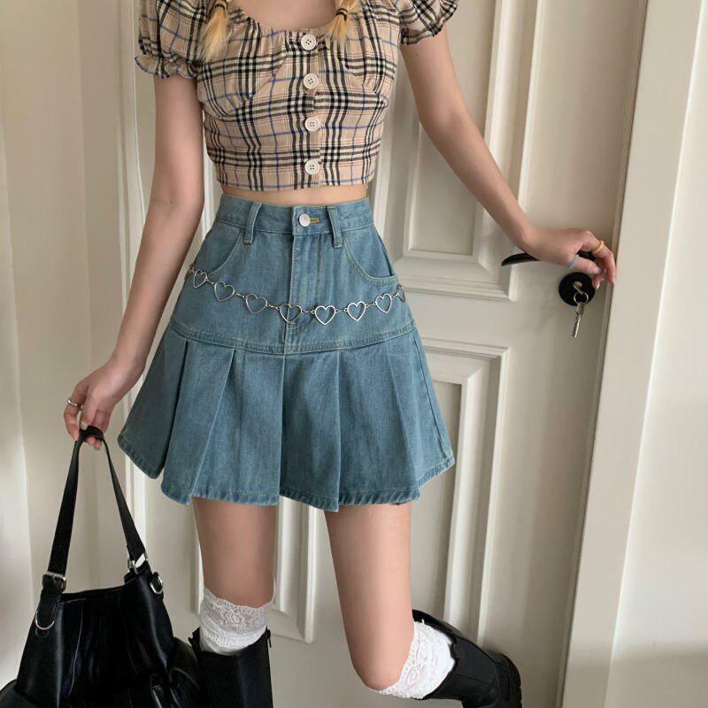 Y2K Pleated Denim Mini Skirt - Cute Summer Outfit, Grunge Aesthetic, 90s Fashion Vibes