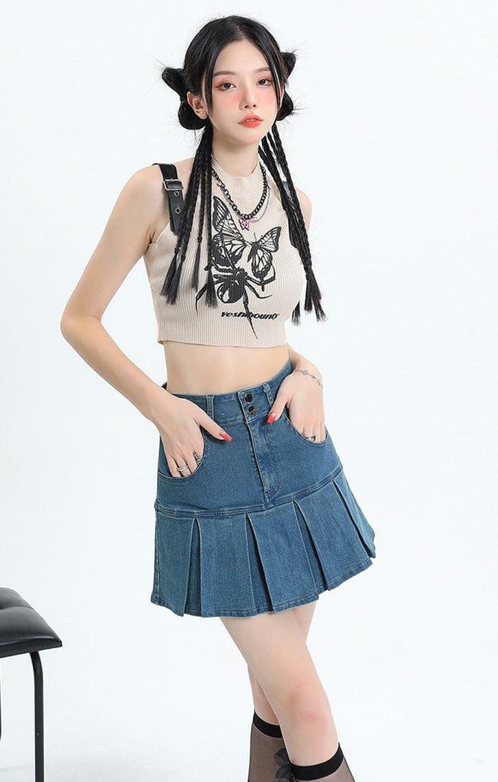 Y2K Pleated Jean Mini Skort - Trendy 90s Fashion for Summer Outfits & Aesthetic Looks