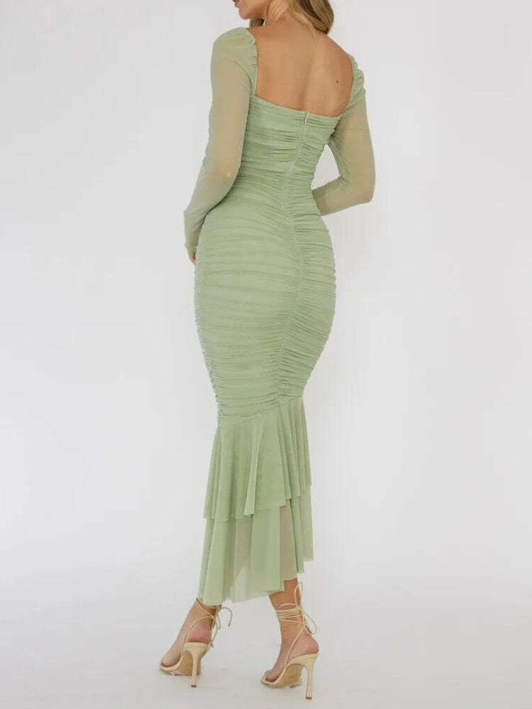 Y2K Ruched Bodycon Midi Dress - Trendy Summer Outfit for Grunge & Coquette Aesthetic