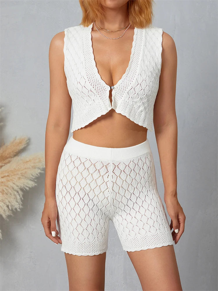 Y2K Ruched Knitted Sleeveless V-Neck Top & High Waist Shorts Set - Cute Coquette Aesthetic