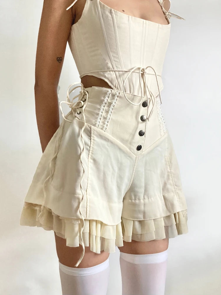 Y2K Ruffled Lace-Up Shorts for Summer: Trendy Grunge & Coquette Aesthetic Outfits