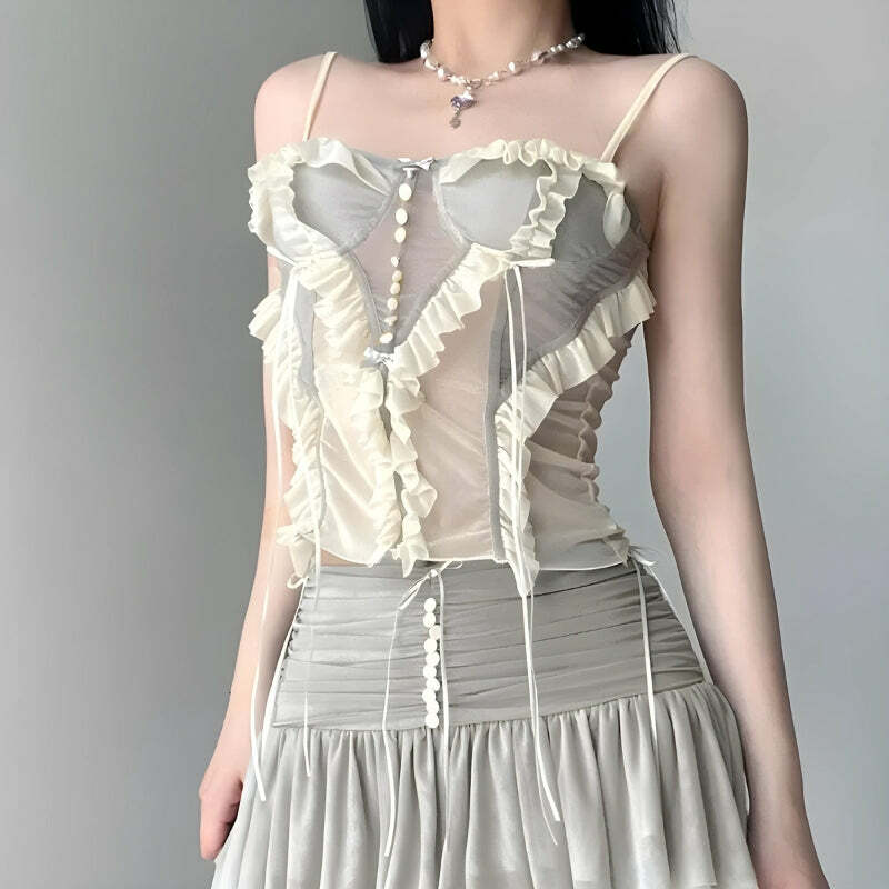 Y2K Ruffled Mesh Corset Top - Grunge Aesthetic Summer Outfit, Cute Crop Top for 2000s Style