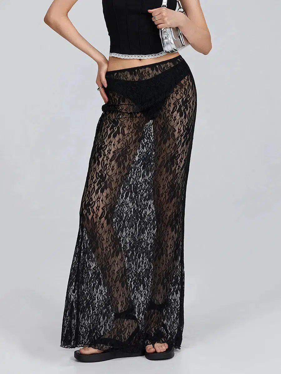 Y2K Sheer Lace Low Rise Maxi Skirt - Perfect for Summer Outfits & Grunge Aesthetic Looks