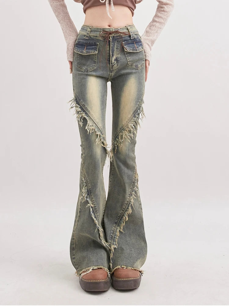 Y2K Soft Grunge Tasseled Flare Jeans - Vintage 90s Aesthetic for Effortless Style