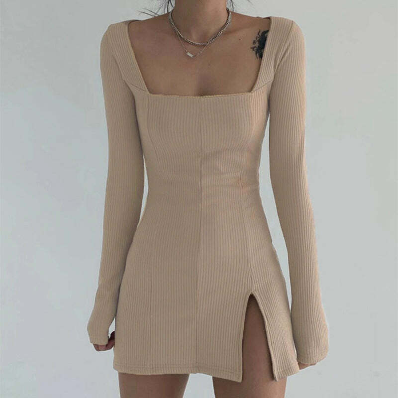 Y2K Square Neck Ribbed Dress - Coquette Aesthetic, Cute & Comfy for Fall Fashion