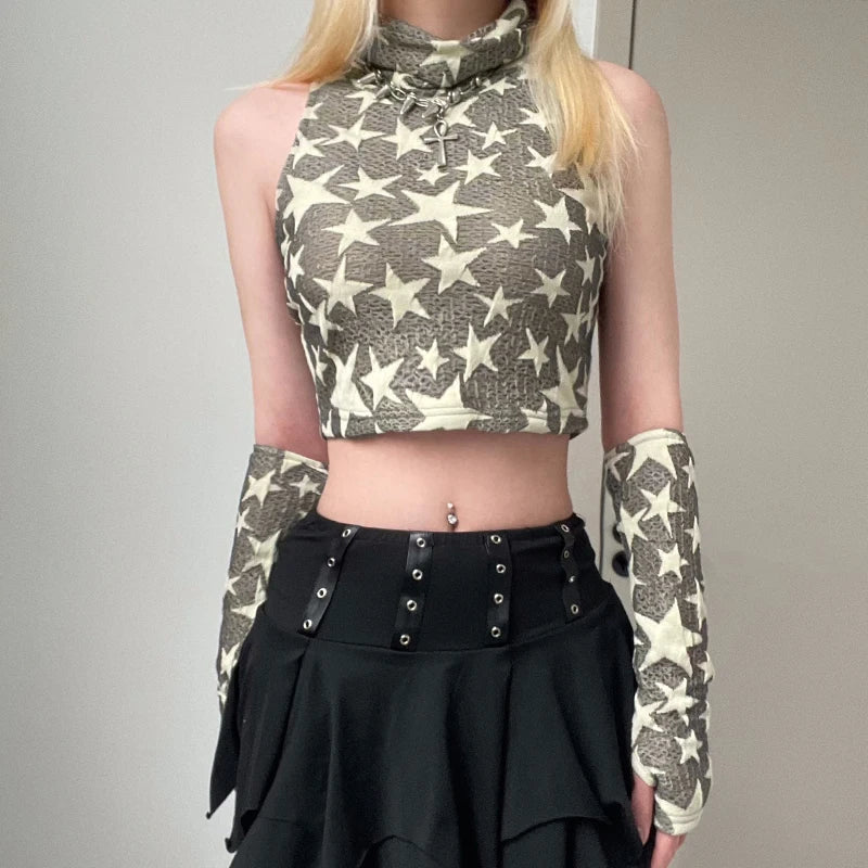 Y2K Star Embroidered Crop Top - Trendy 90s Aesthetic for Summer Outfits & Grunge Style