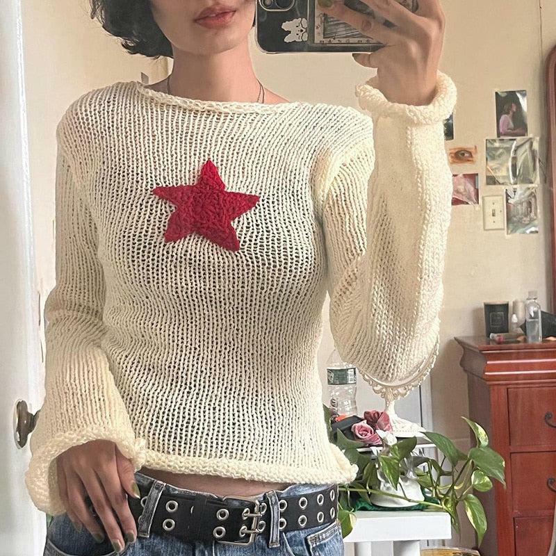 Y2K Star Embroidery Knitted Top - Trendy Grunge Aesthetic for Summer Outfits & 90s Fashion