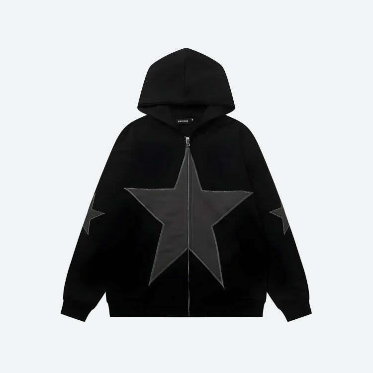 Y2K Star Patch Zip-Up Hoodie: Trendy Grunge Aesthetic for Summer Outfits & 2000s Fashion