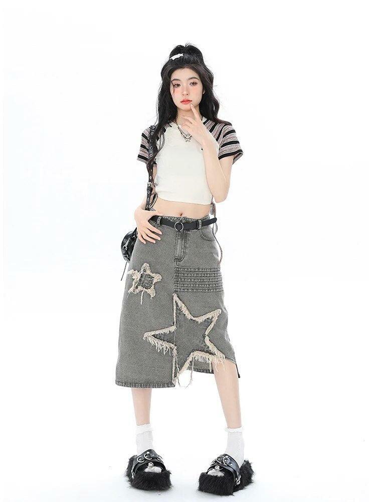 Y2K Star Patchwork Midi Skirt - Trendy 90s Fashion for Summer Outfits & Grunge Aesthetic