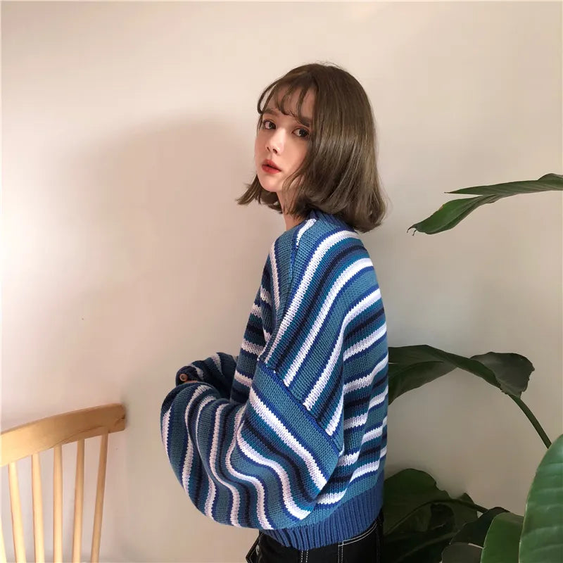 Y2K Striped Knitted Sweater - Cozy 90s Fashion for Grunge Aesthetic & Cute Outfits