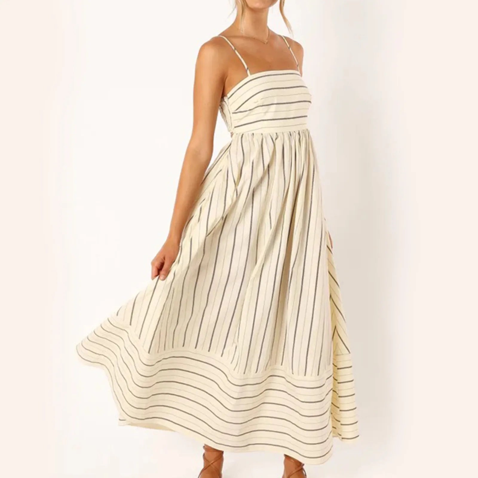 Y2K Striped Sleeveless Backless A-Line Midi Dress - Casual Coquette & Grunge Aesthetic