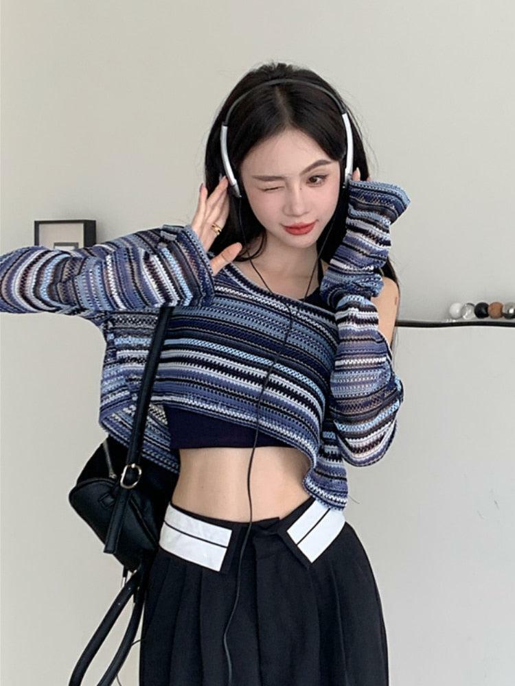 Y2K Striped Wide Neck Crop Sweater - Vintage 90s Grunge Aesthetic for Effortless Summer Style