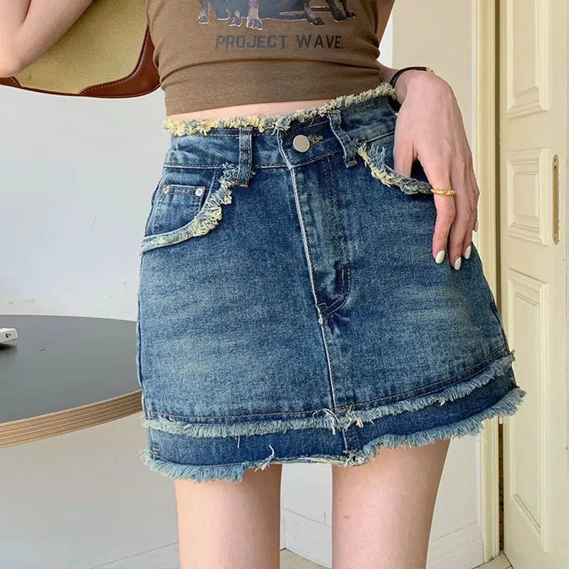 Y2K Tasseled Denim Mini Skort - Trendy Summer Outfit for Grunge & Coquette Aesthetic