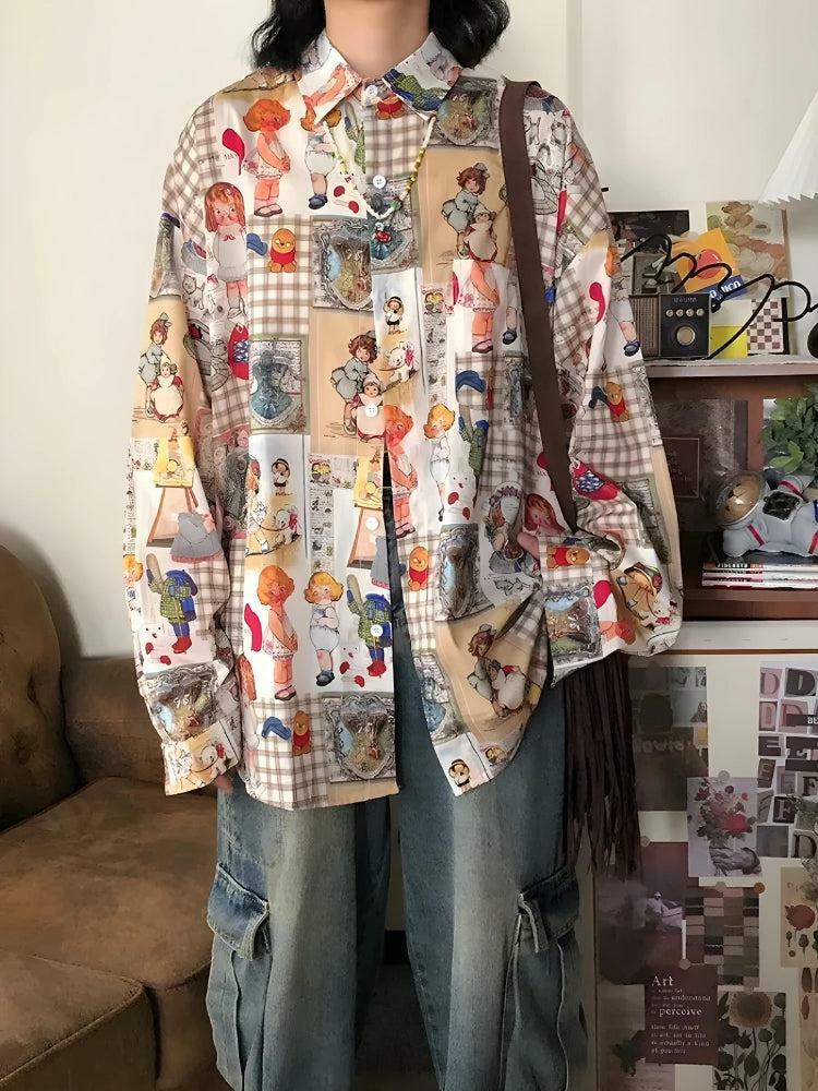 Y2K Vintage Cartoon Oversized Shirt - Grunge Aesthetic, 90s Fashion, Cute Outfit Ideas