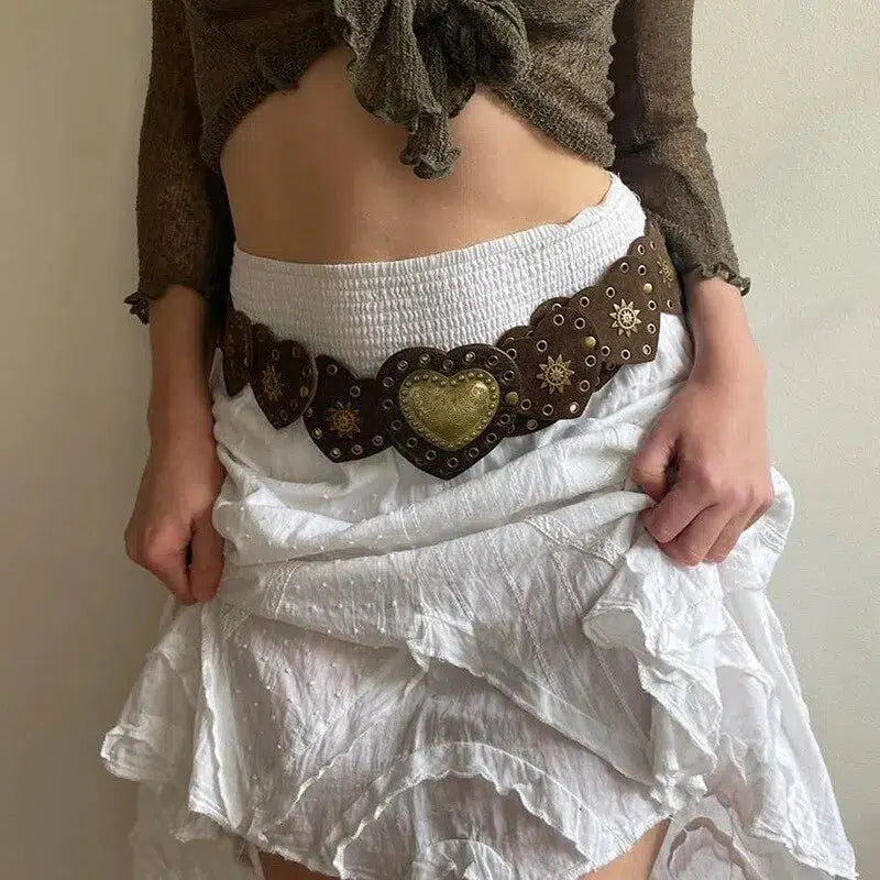 Y2K Vintage Ethnic Heart Suede Waist Belt for Grunge, 90s & Coquette Aesthetic Outfits