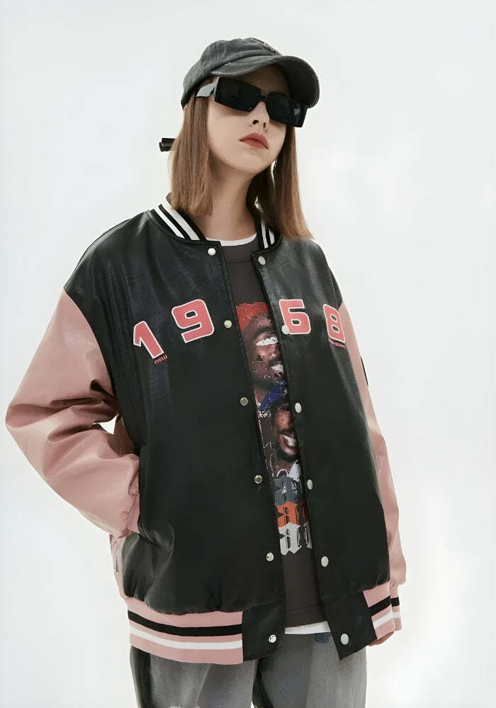 Y2K Vintage Grunge Varsity Jacket - 90s Aesthetic, Retro Style, Trendy Layering Piece