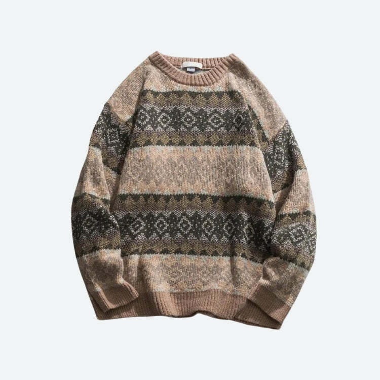 Y2K Vintage Jacquard Knitted Sweater - 90s Grunge Aesthetic, Cozy Fall Outfit Essential