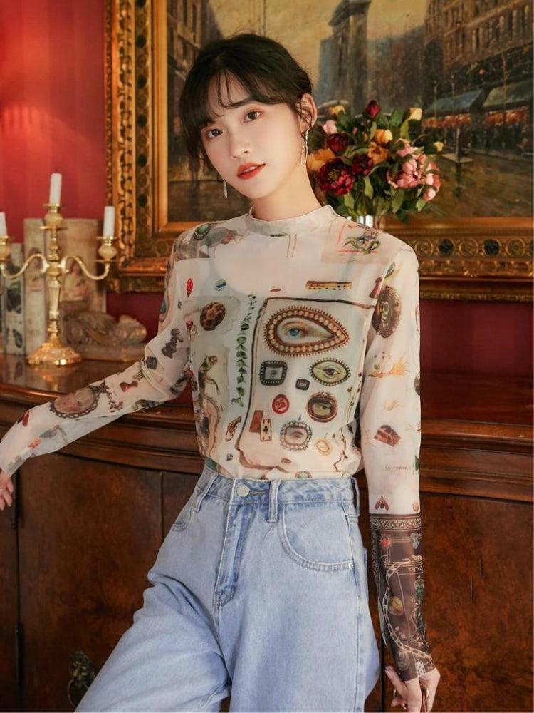 Y2K Vintage Symbols Sheer Top - Trendy Grunge Aesthetic for Summer Outfits & 90s Style